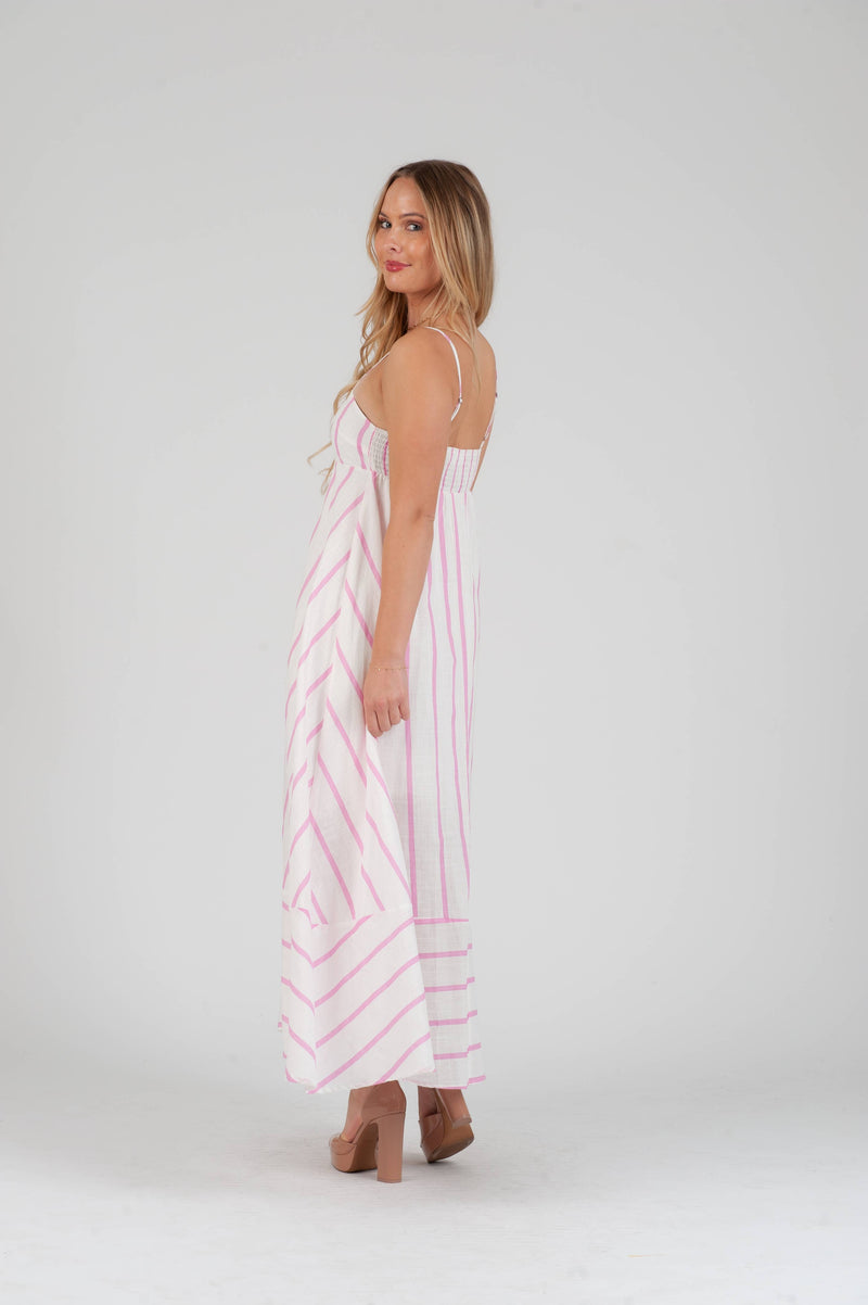 Women's Linen Pink Striped Maxi Strap Dress