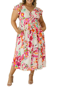 Floral Ruffle Sleeve Midi Dress in Pink Plus Size