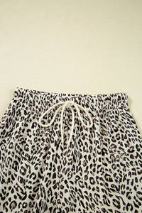 Leopard Drawstring Elastic Waist Pants: Brown