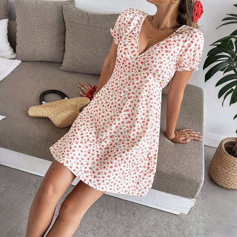 2026 Summer Floral Deep V Neck Puff Sleeve Mini Dress