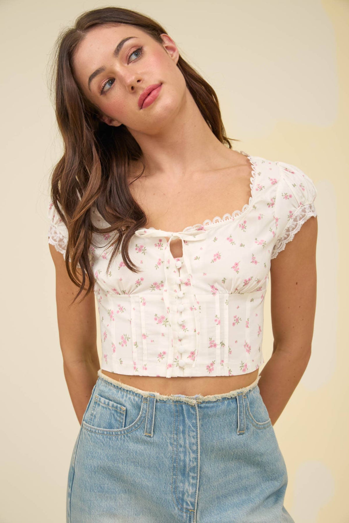 Floral Lace Trim Corset Crop Top in Pink