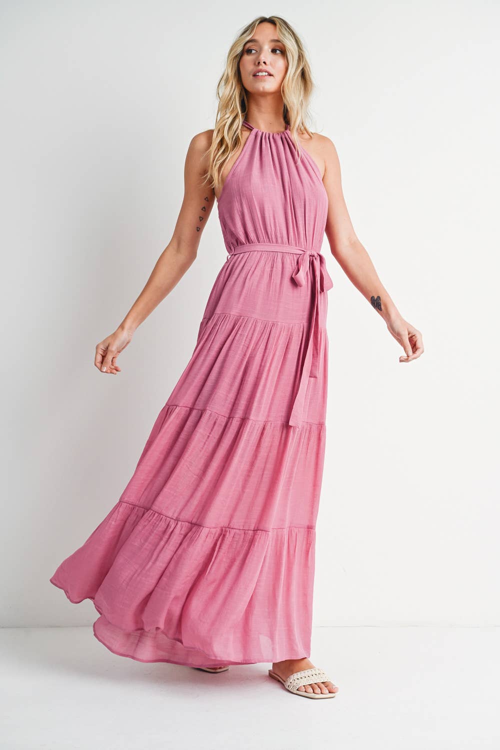 Tiered Halter Tie-Waist Maxi Dress in Rose
