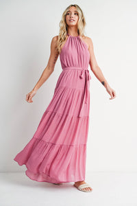 Tiered Halter Tie-Waist Maxi Dress in Rose