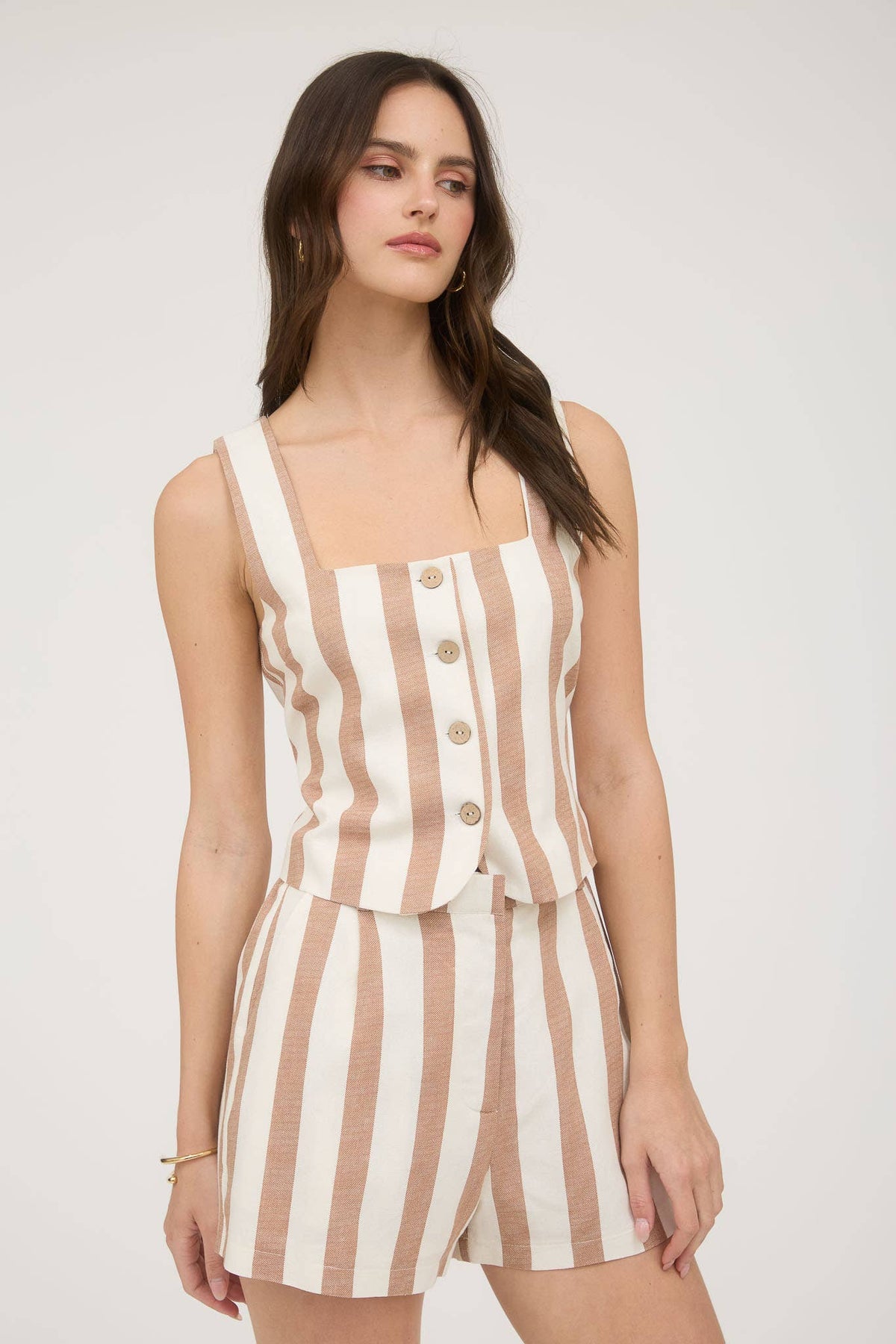 Stripe Button Down Sleeveless Linen Top in Navy