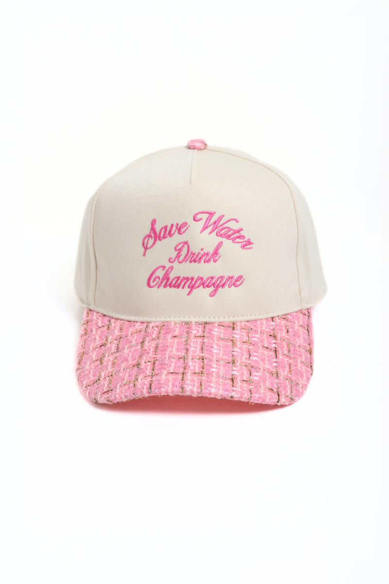 SAVE WATER DRINK CHAMPAGNE embroidered tweed brim cap: Beige