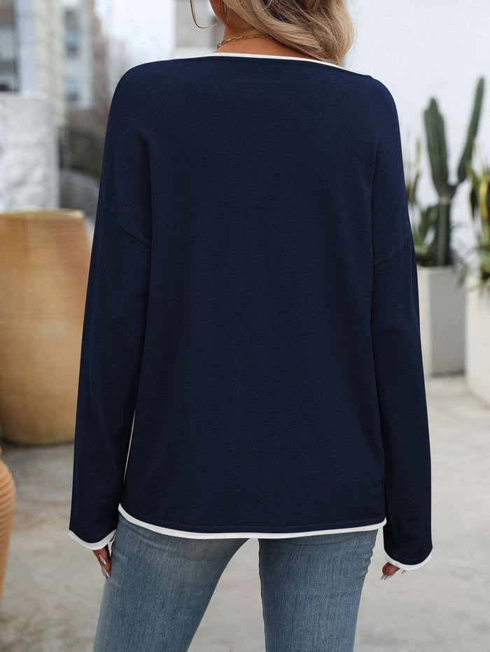 Contrast Trim Knit Long Sleeve Top in Navy