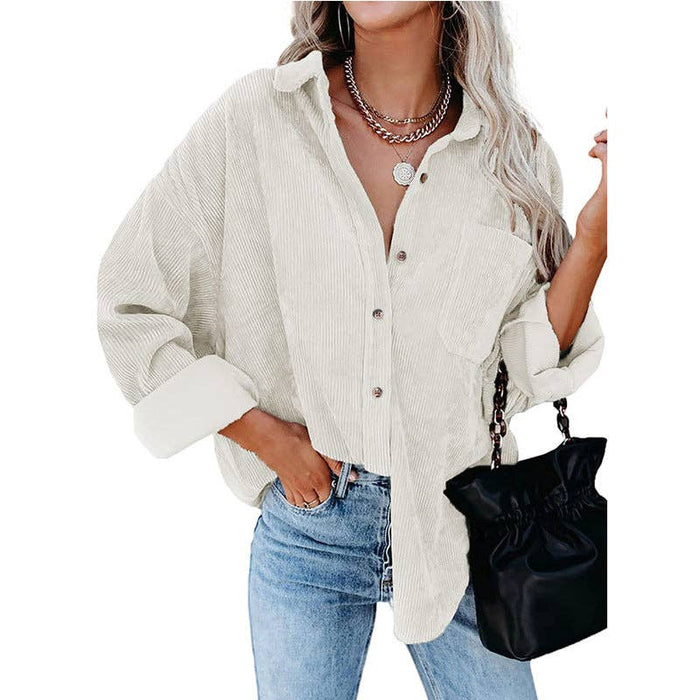 Oversized Corduroy Button-Up Shirt in White
