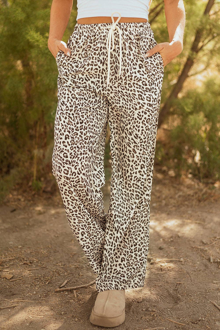 Leopard Drawstring Elastic Waist Pants: Brown