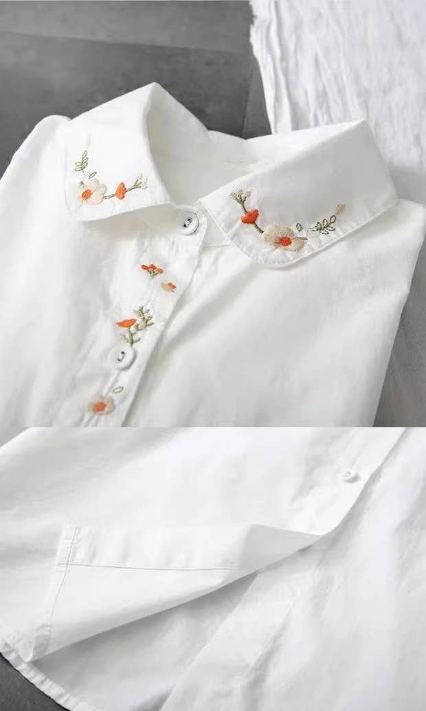 Floral Fines Embroidered Button-Up in White