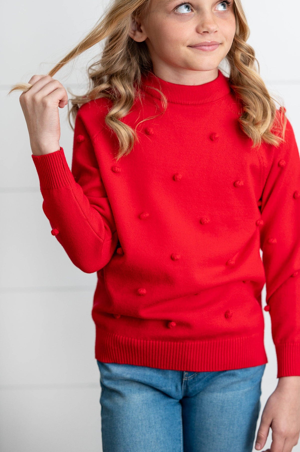 Kids Red Pom Pom Crewneck Sweater