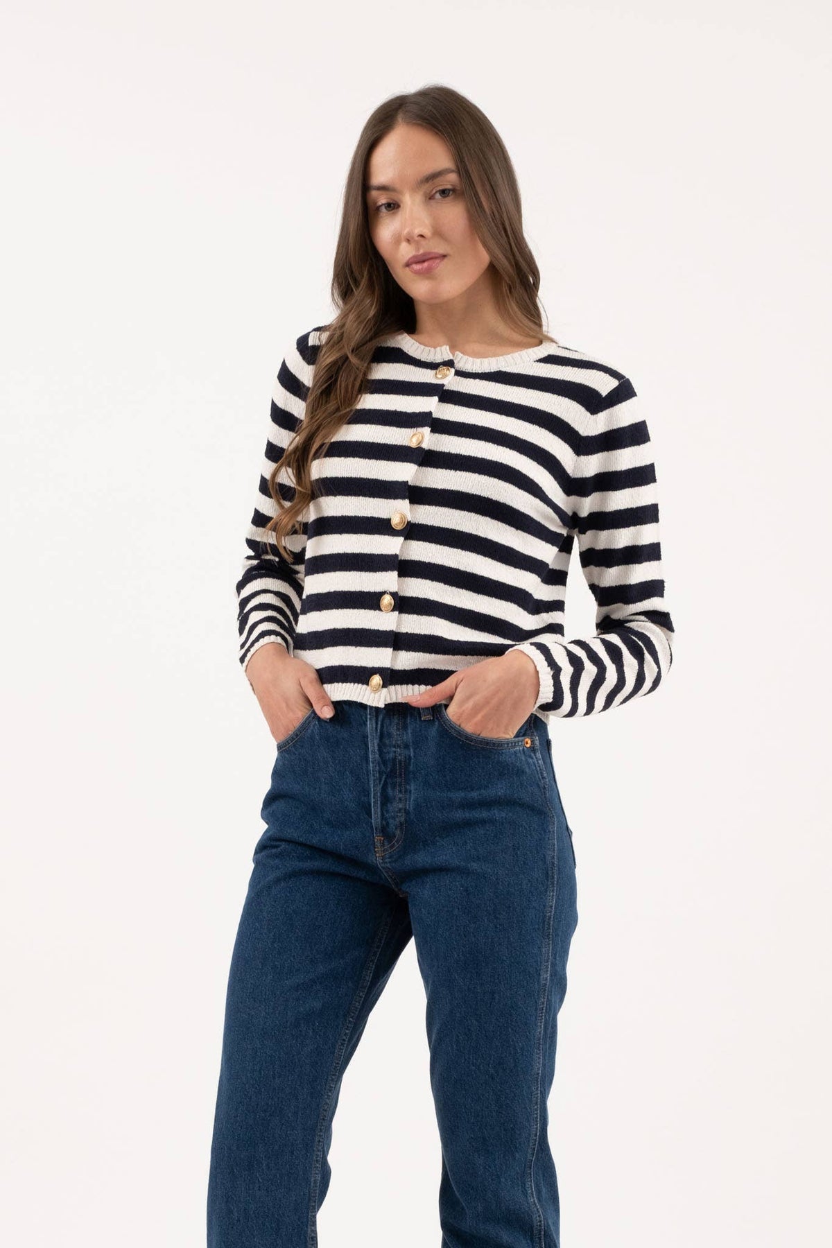 Stripe Boatneck Button Down Cardigan