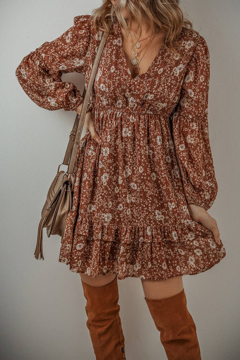 Boho Floral Ruffle V-Neck Mini Dress in Brown