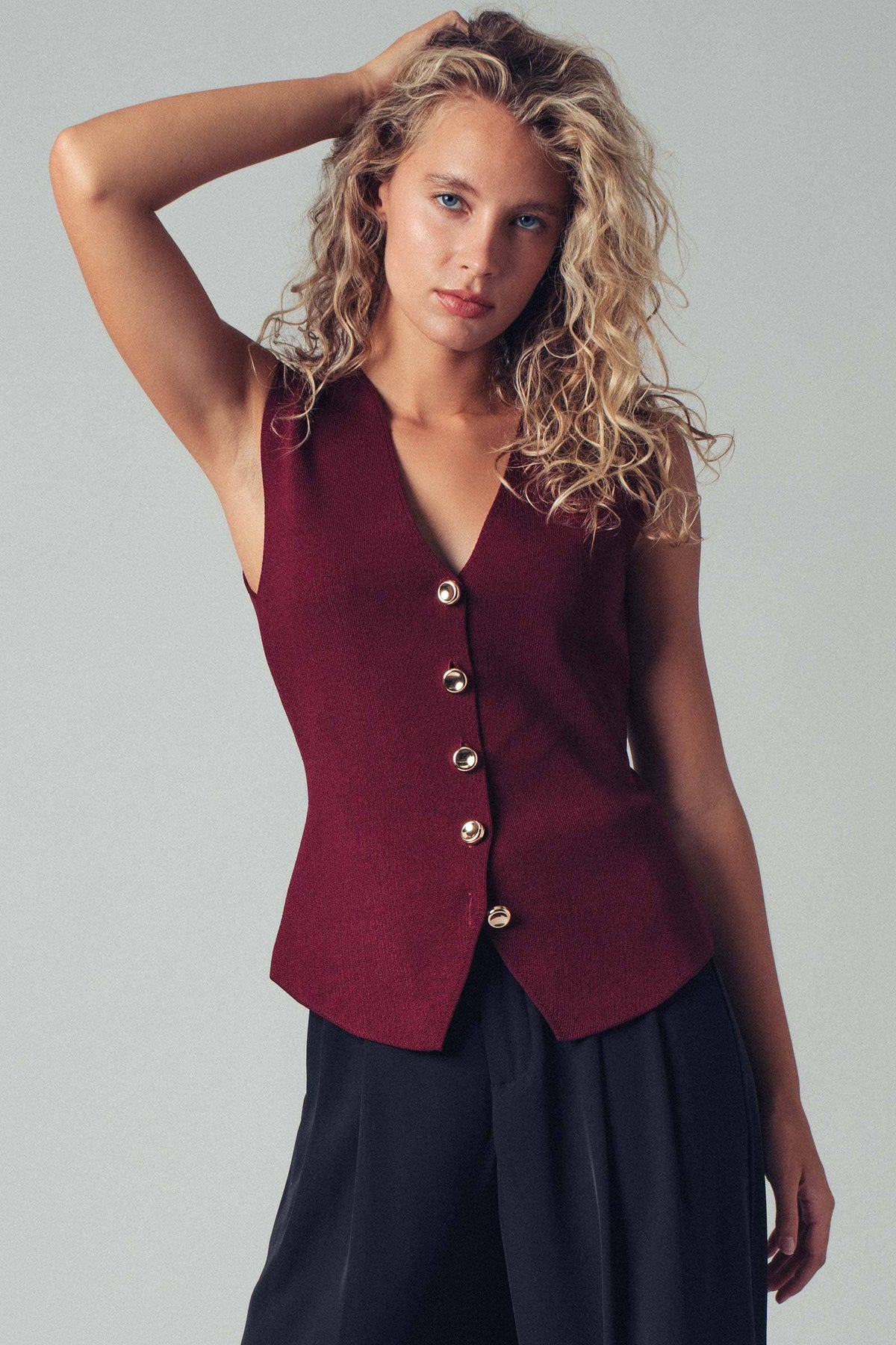 Sculpted Button Vest in Burgundy