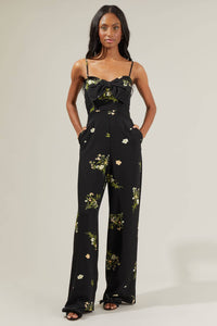Jenna Floral Wide Leg Jumpsuit: BlackGreen