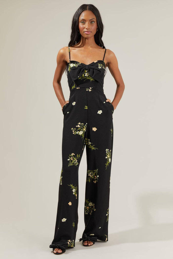 Jenna Floral Wide Leg Jumpsuit: BlackGreen