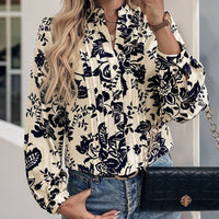 Vintage Printed Standing Collar Shirt in Navy Blue & White