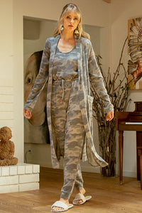 Tie-Waist Long Cardigan in Grey Camo