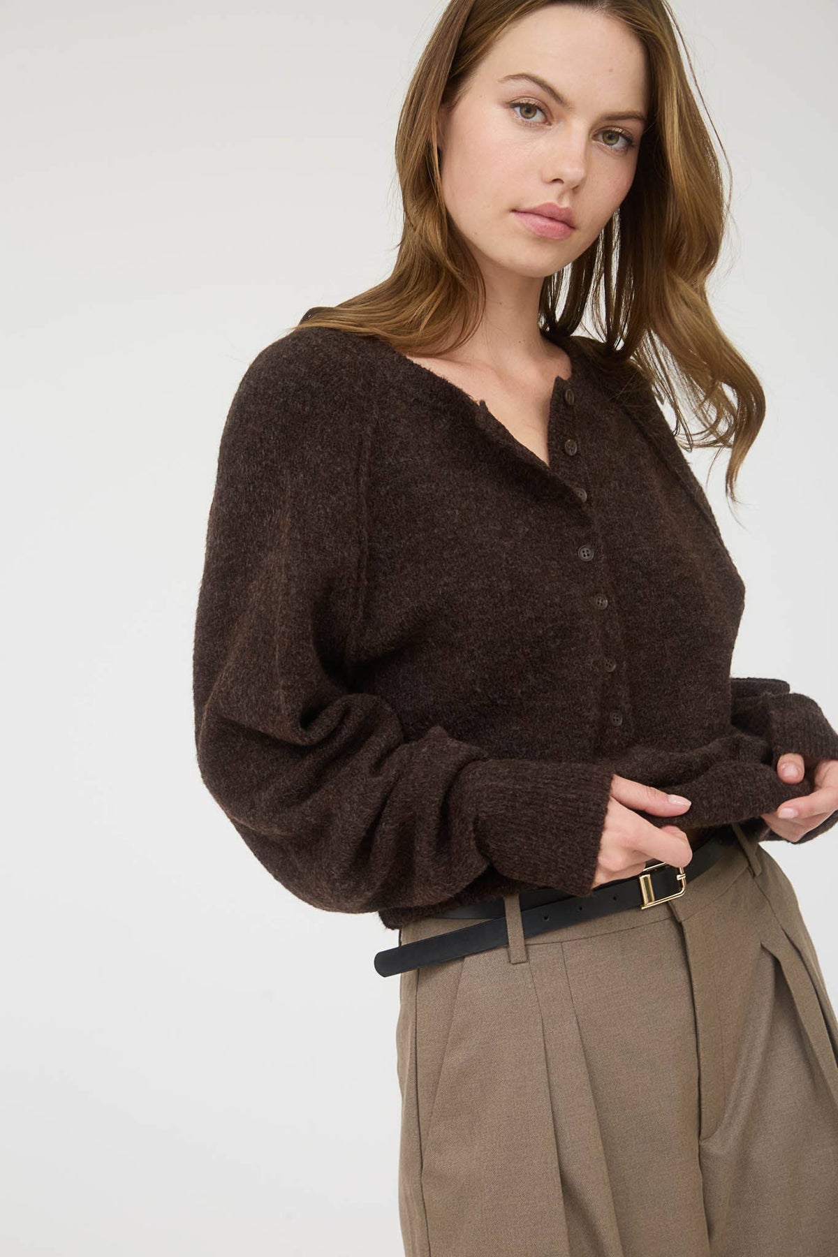 Lightweight Henley Knit Sweater in Brown