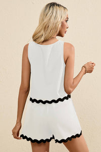 Ricrac Trim Tank Top Elastic Waist Shorts Set in White