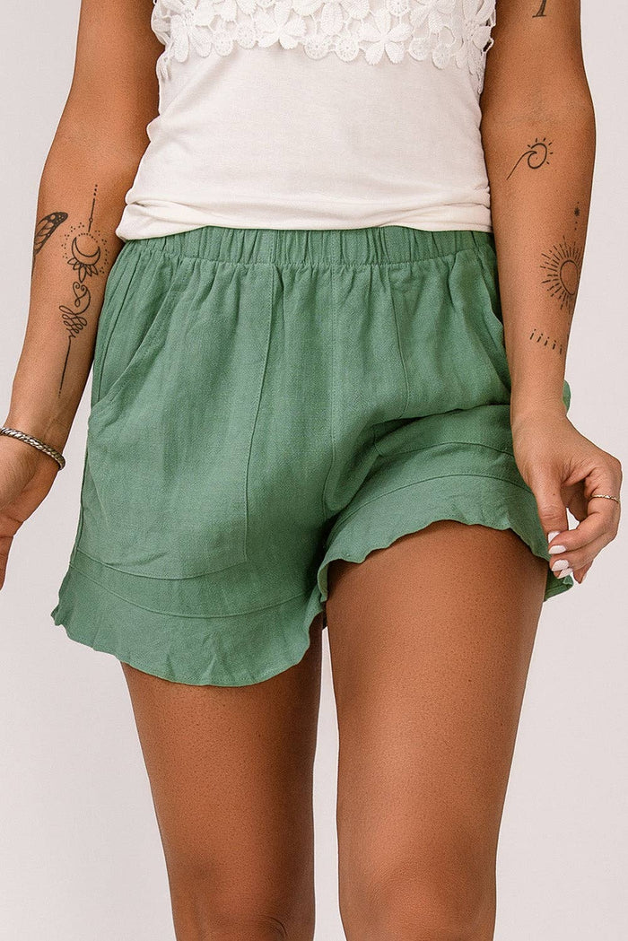 Plus Size High Waist Pocketed Ruffle Shorts in Green