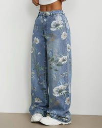 Street Style Loose Straight Floral Print Jeans