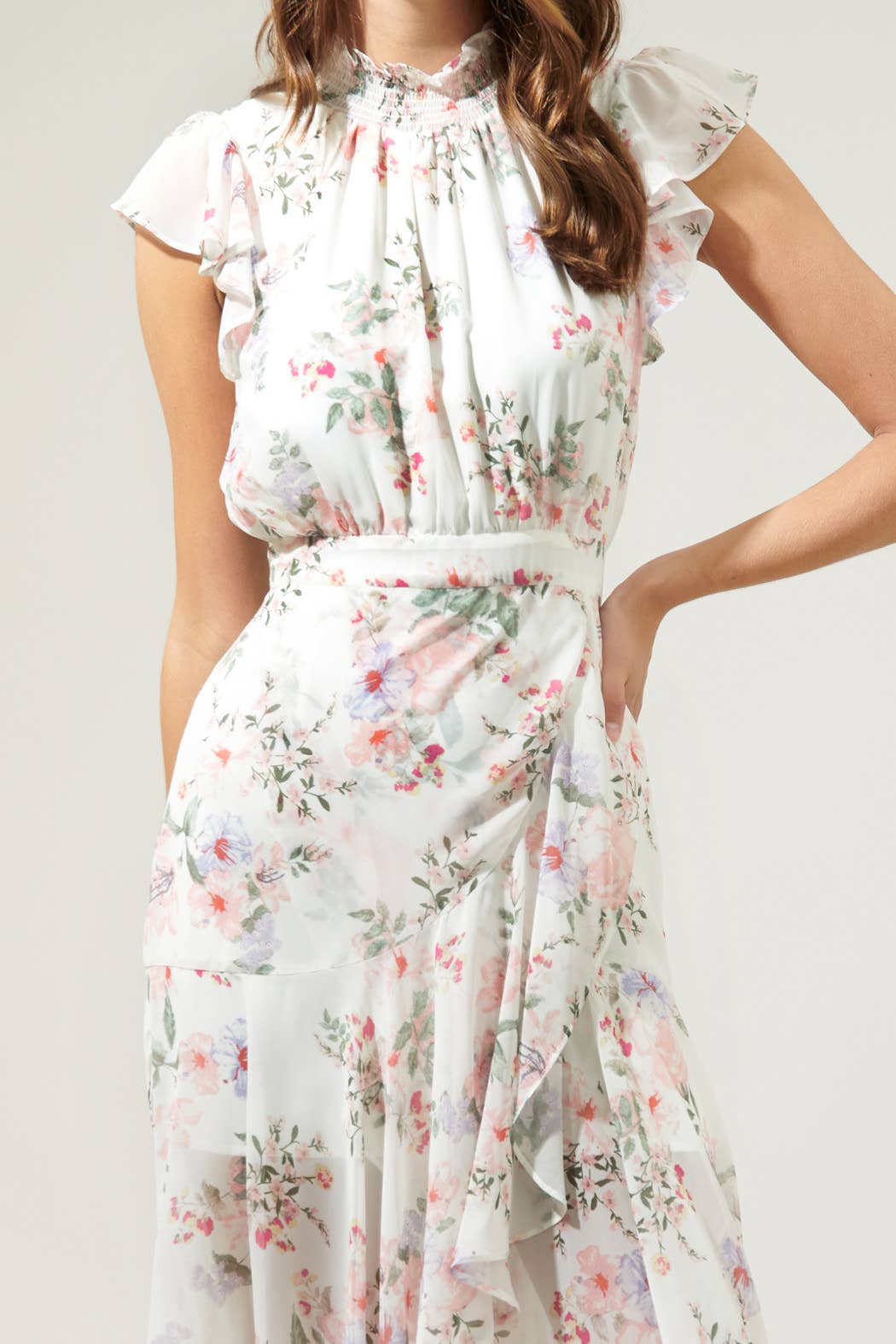 Drape Tiered Midi Dress in Cream Multicolor
