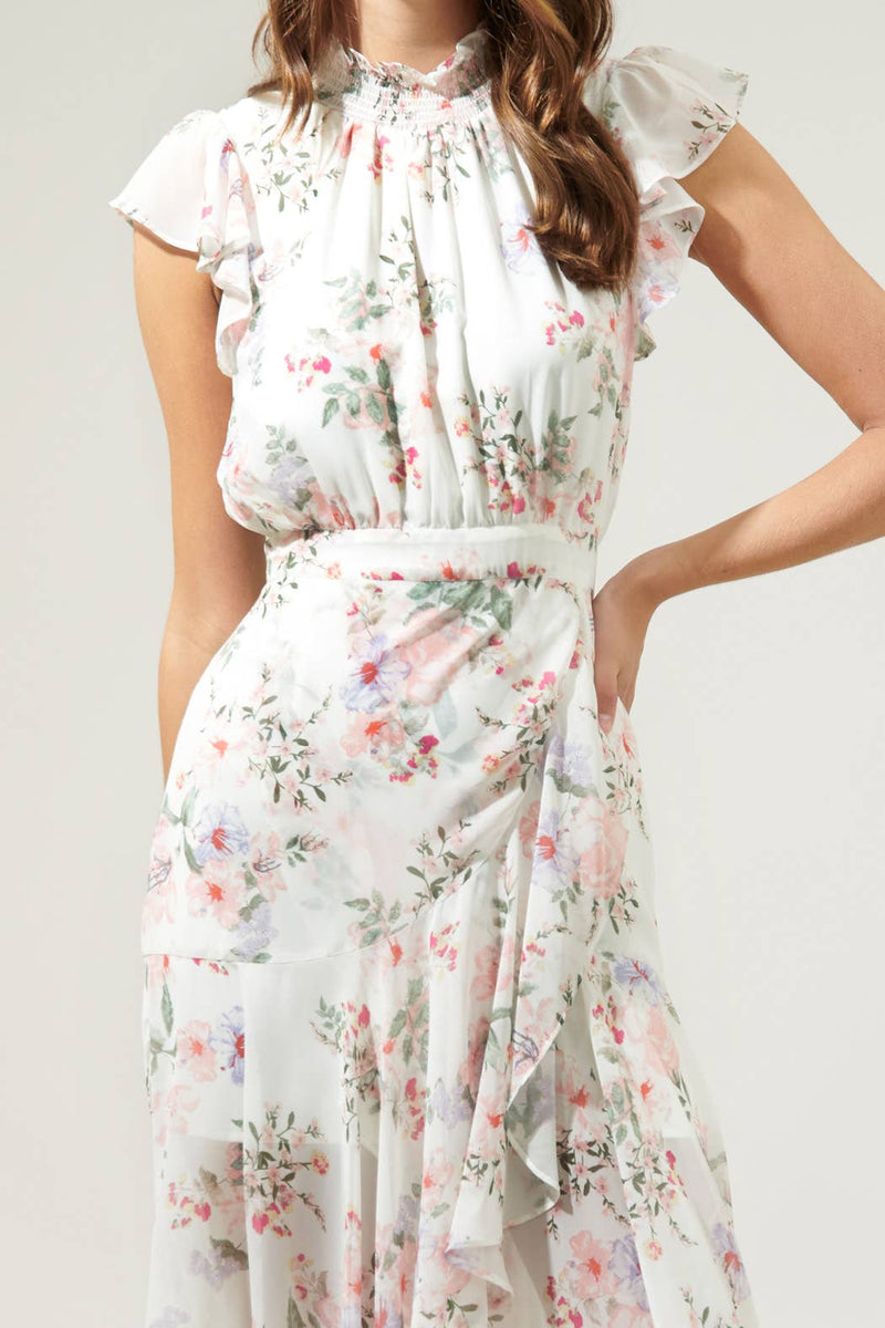 Drape Tiered Midi Dress in Cream Multicolor