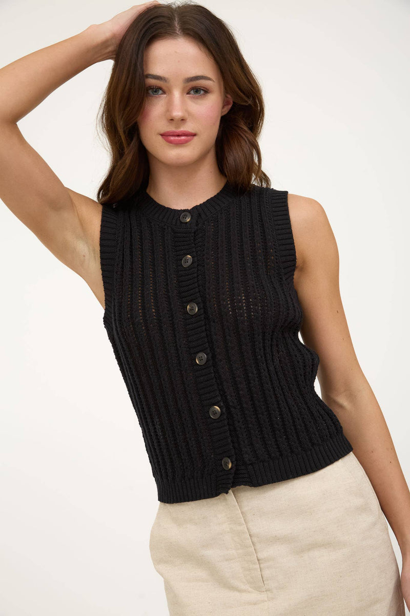 Crew Neck Button Down Sleeveless Knit Cardigan in Black