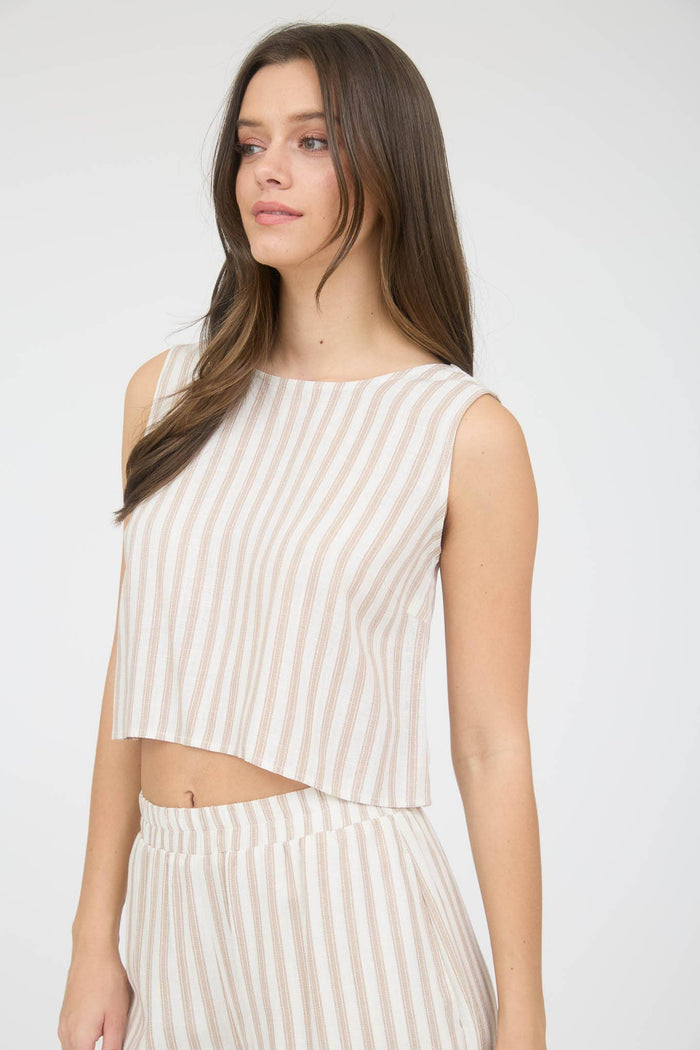 Stripe Linen Back Tie Detail Sleeveless Top in Khaki