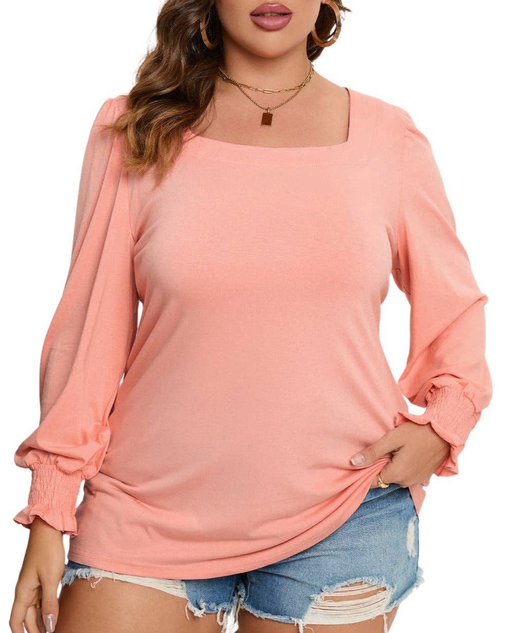 Square Neck Flounce Sleeve Plus Size Top in Pink