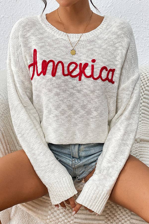 America Embroidered Crewneck Sweater in White