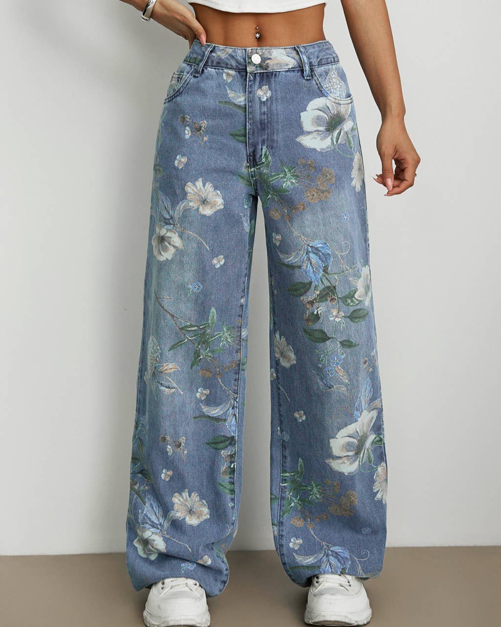 Street Style Loose Straight Floral Print Jeans