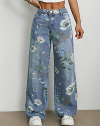 Street Style Loose Straight Floral Print Jeans