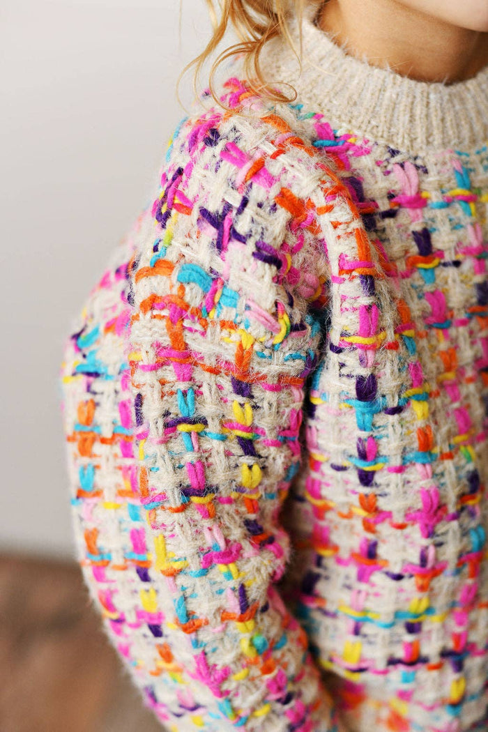 Girl’s Rainbow Colored Knit Texture Crew Neck Sweater