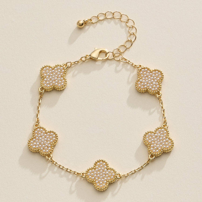 Clover Charm Bracelet with Pearl Beaded Accents in Gold