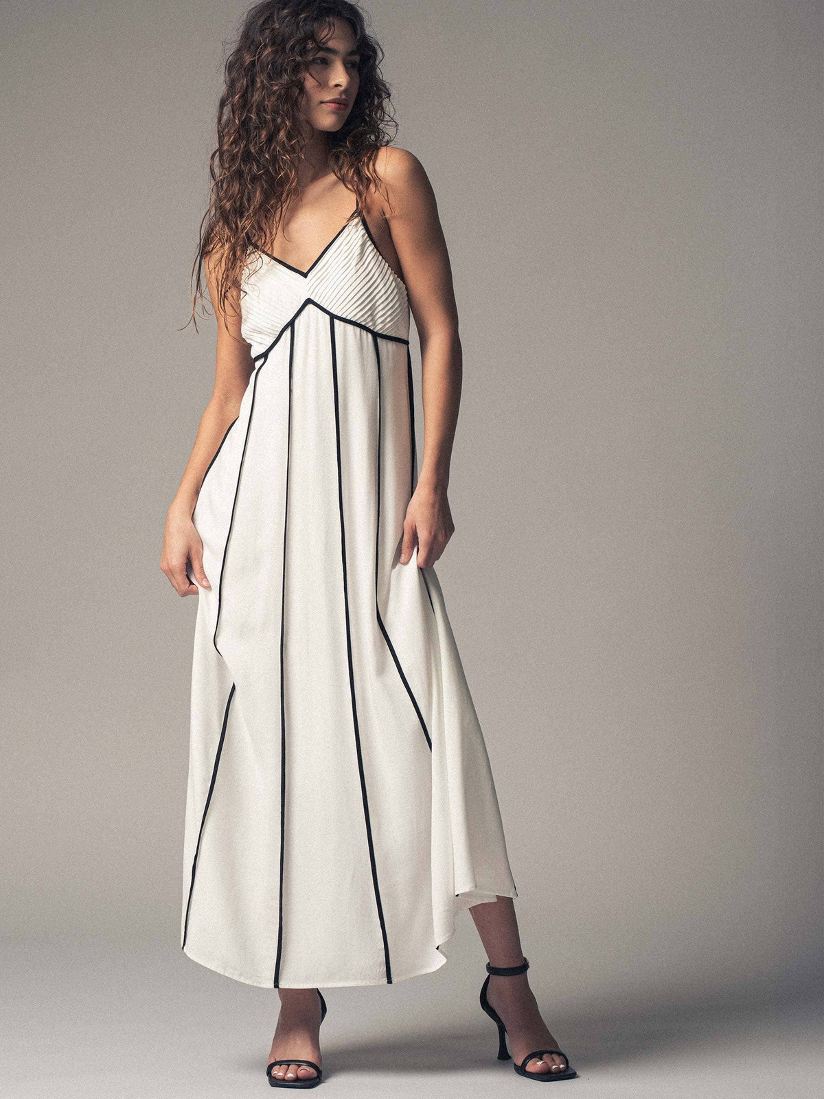 Striped White Maxi Dress with Contrast Piping in White/Black