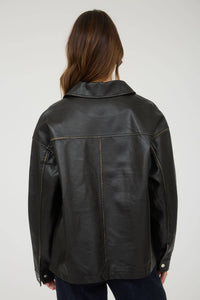 Washed Faux Leather Collared Zip Up Jacket in Black