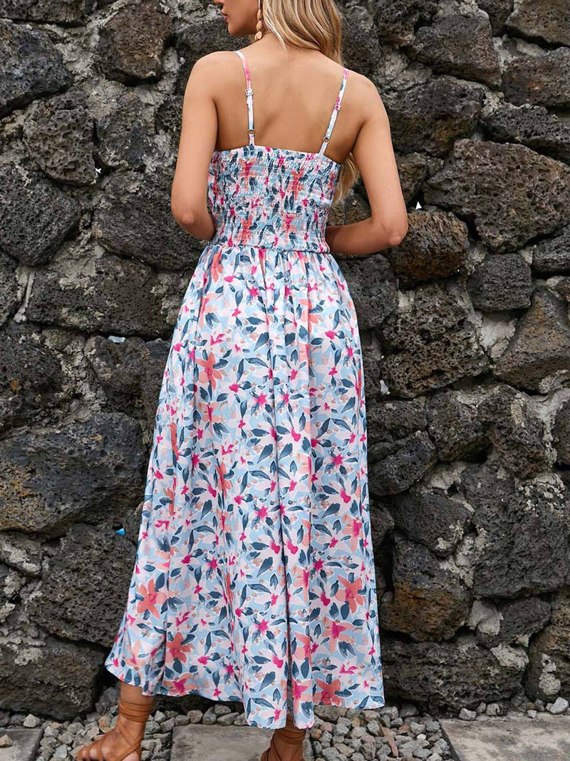 Printed Strap V-neck Dress in White