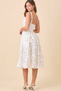 Low V-neck Floral Midi Dress in White