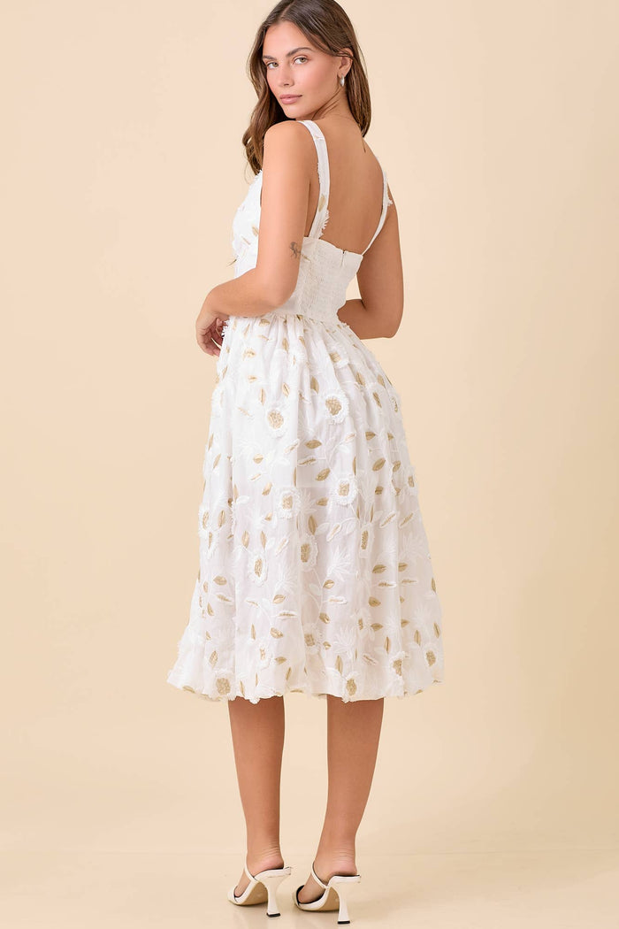 Low V-neck Floral Midi Dress in White