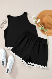 Ricrac Trim Tank Top Elastic Waist Shorts Set in White