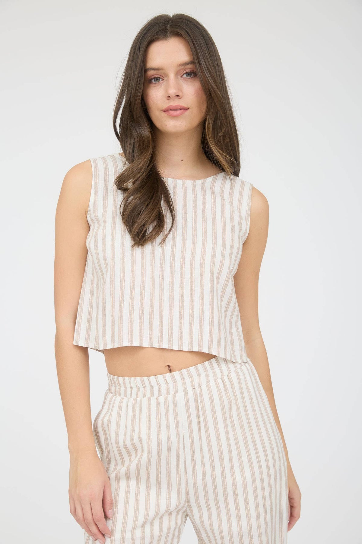 Stripe Linen Back Tie Detail Sleeveless Top in Khaki