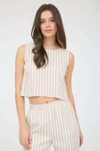 Stripe Linen Back Tie Detail Sleeveless Top in Khaki