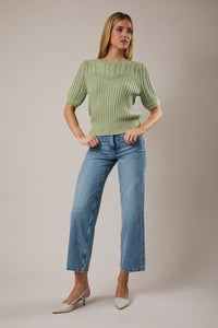 ROUND NECK PUFF SHORT SLEEVE CABLE SWEATER: APRICOT / M