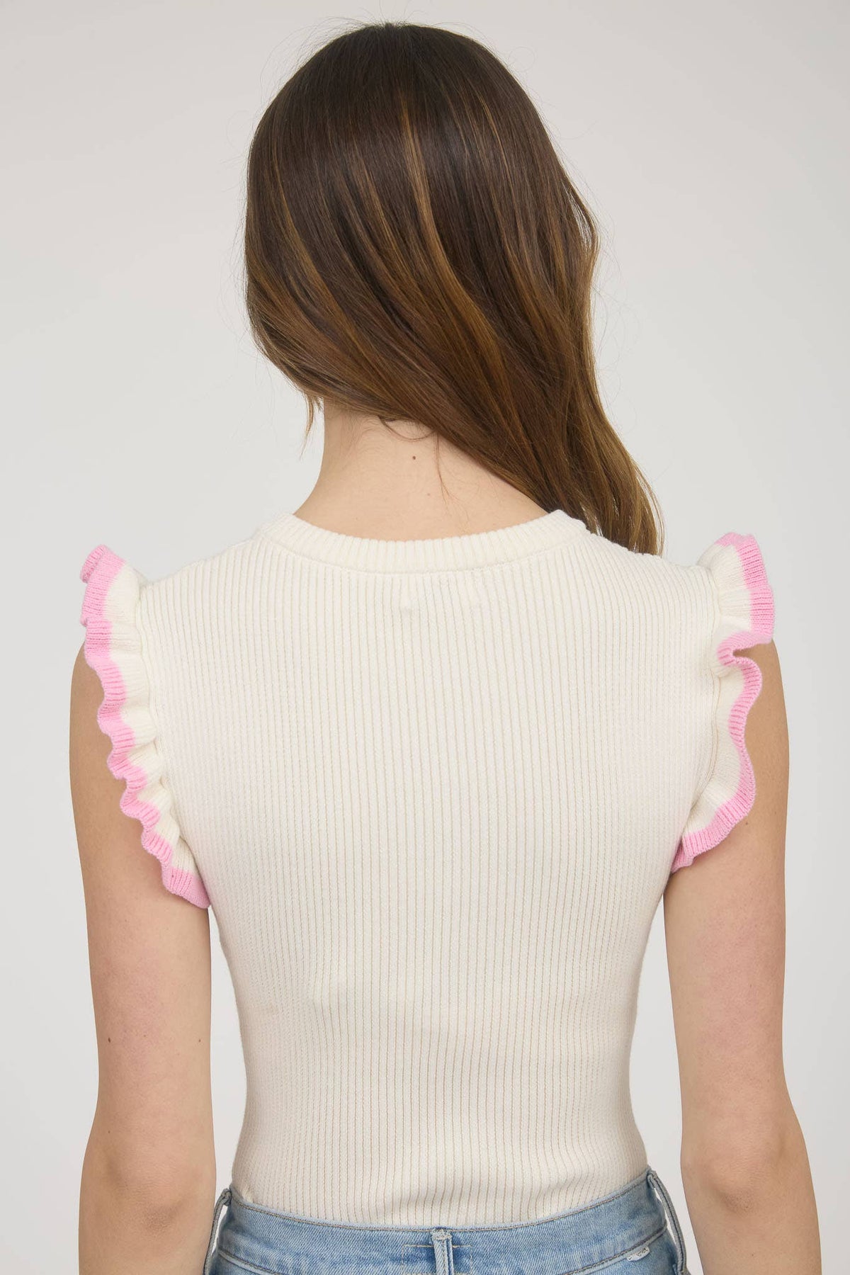Ruffle Sleeve Sweater Knit Top in Cream with Pink Ruffle