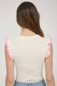 Ruffle Sleeve Sweater Knit Top in Cream with Pink Ruffle