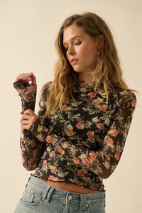 Floral Mesh Mock-Neck Thumbhole Raglan Top in Black