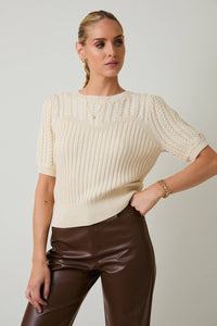ROUND NECK PUFF SHORT SLEEVE CABLE SWEATER: APRICOT / M