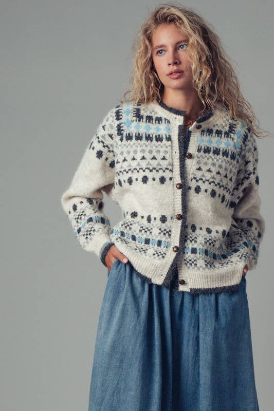 ** Nordic Pattern Button-Up Knit Cardigan in Ivory S/M-3:M/L-3