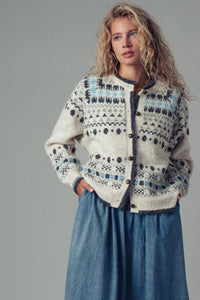 ** Nordic Pattern Button-Up Knit Cardigan in Ivory S/M-3:M/L-3